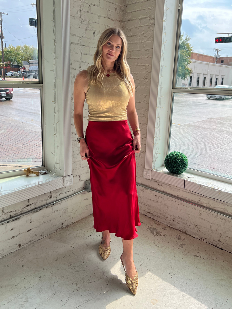 Europa Sheen Midi Skirt Haute Red