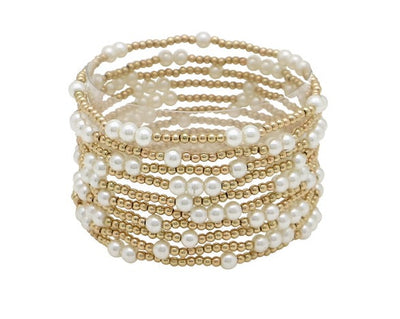 Gold Beaded and Pearl Set of 10 Stretch Bracelet