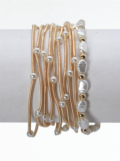 Set of 10 Gold Wired Stretch Bracelets with Pearl Accents