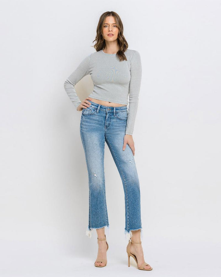 Sunrise - Mid Rise Frayed Hem Ankle Bootcut Jeans