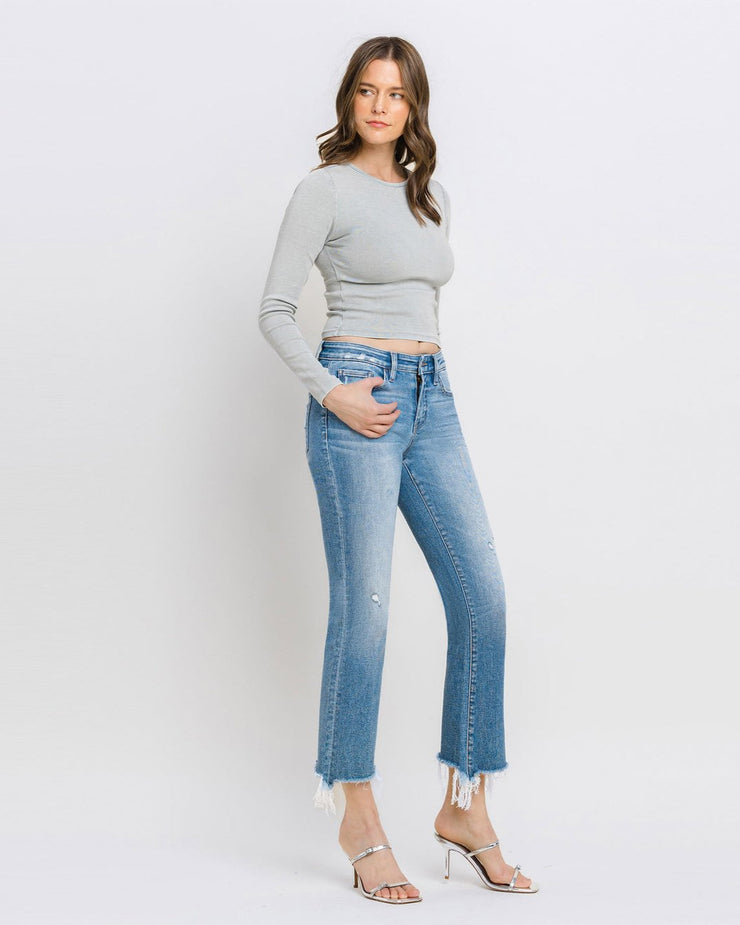 Sunrise - Mid Rise Frayed Hem Ankle Bootcut Jeans