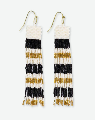 Billie Mixed Horizontal Stripes Beaded Fringe Earrings Black and Gold