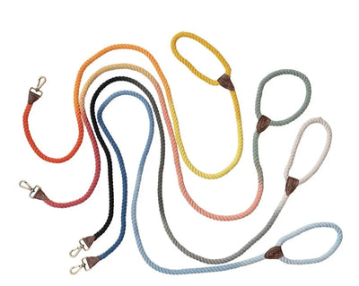 Braided Cotton Rope & Leather Dog Leash w/ Metal Clasp, 4 Colors