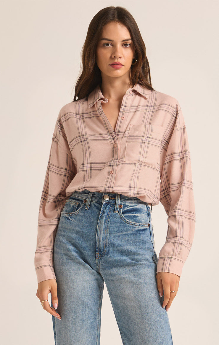 River Plaid Button Up- Lilac Grey